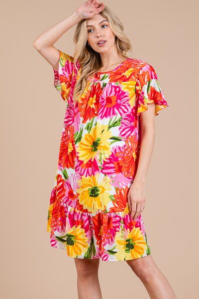 Robe courte fleurie à volants et manches courtes pour femme