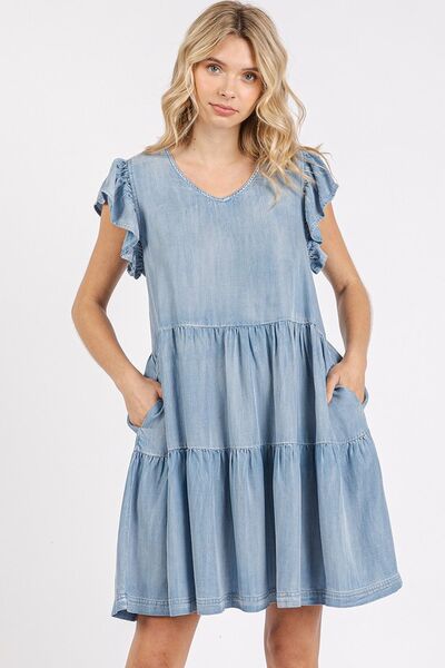 Mittoshop V-Ausschnitt Rüschen-Minikleid mit kurzen Ärmeln
