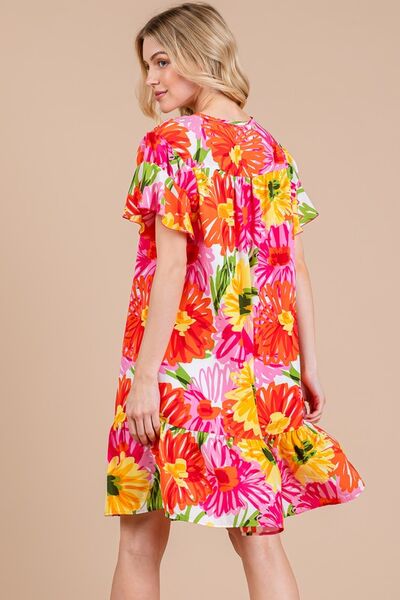 Robe courte fleurie à volants et manches courtes pour femme