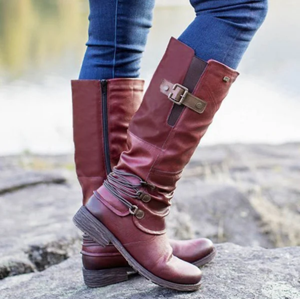 Damen-Vintage-Lederstiefel mit Reißverschluss und hohem Schaft