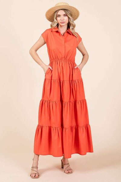 Mittoshop Button-Up Hemdkleid mit Kragen und Stufenrock in Maxilänge