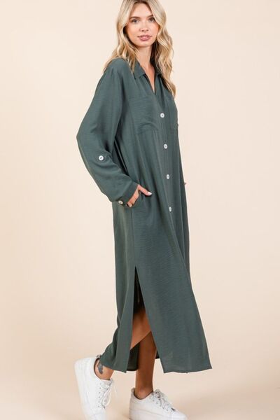 Mittoshop Airflow V-Ausschnitt Langarm durchgeknöpftes Maxikleid