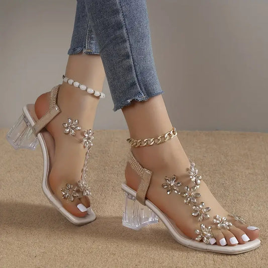 🔥 Dernière journée promotionnelle, 50 % de rabais - Sandales à talons carrés pour femmes avec strass et fleurs
