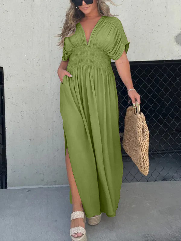 Neues, leichtes Maxikleid mit Schlitz und V-Ausschnitt (2 kaufen, kostenloser Versand)