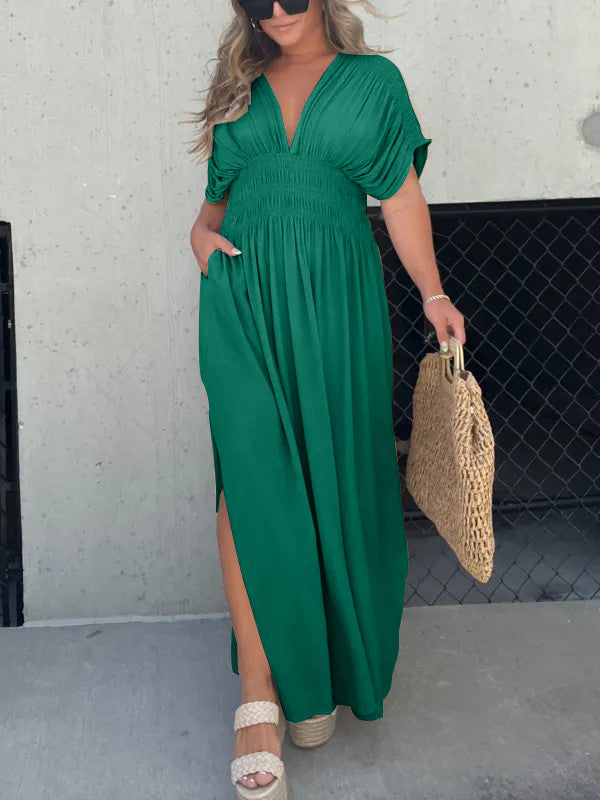 Neues, leichtes Maxikleid mit Schlitz und V-Ausschnitt (2 kaufen, kostenloser Versand)