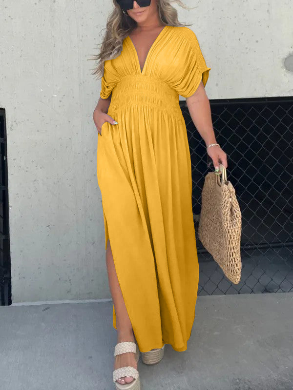 Neues, leichtes Maxikleid mit Schlitz und V-Ausschnitt (2 kaufen, kostenloser Versand)