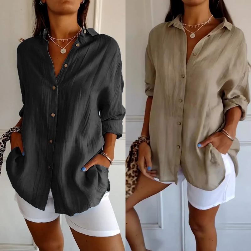 🌷Chemise classique plissée texturée à revers et simple boutonnage pour femme