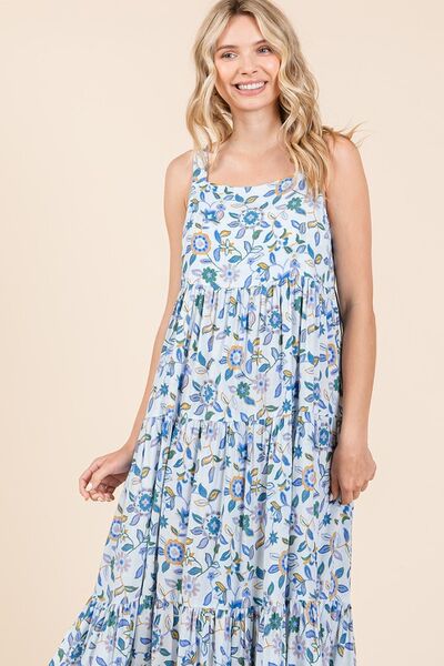 Mittoshop Geblümtes, gestuftes, ärmelloses Empire-Maxikleid