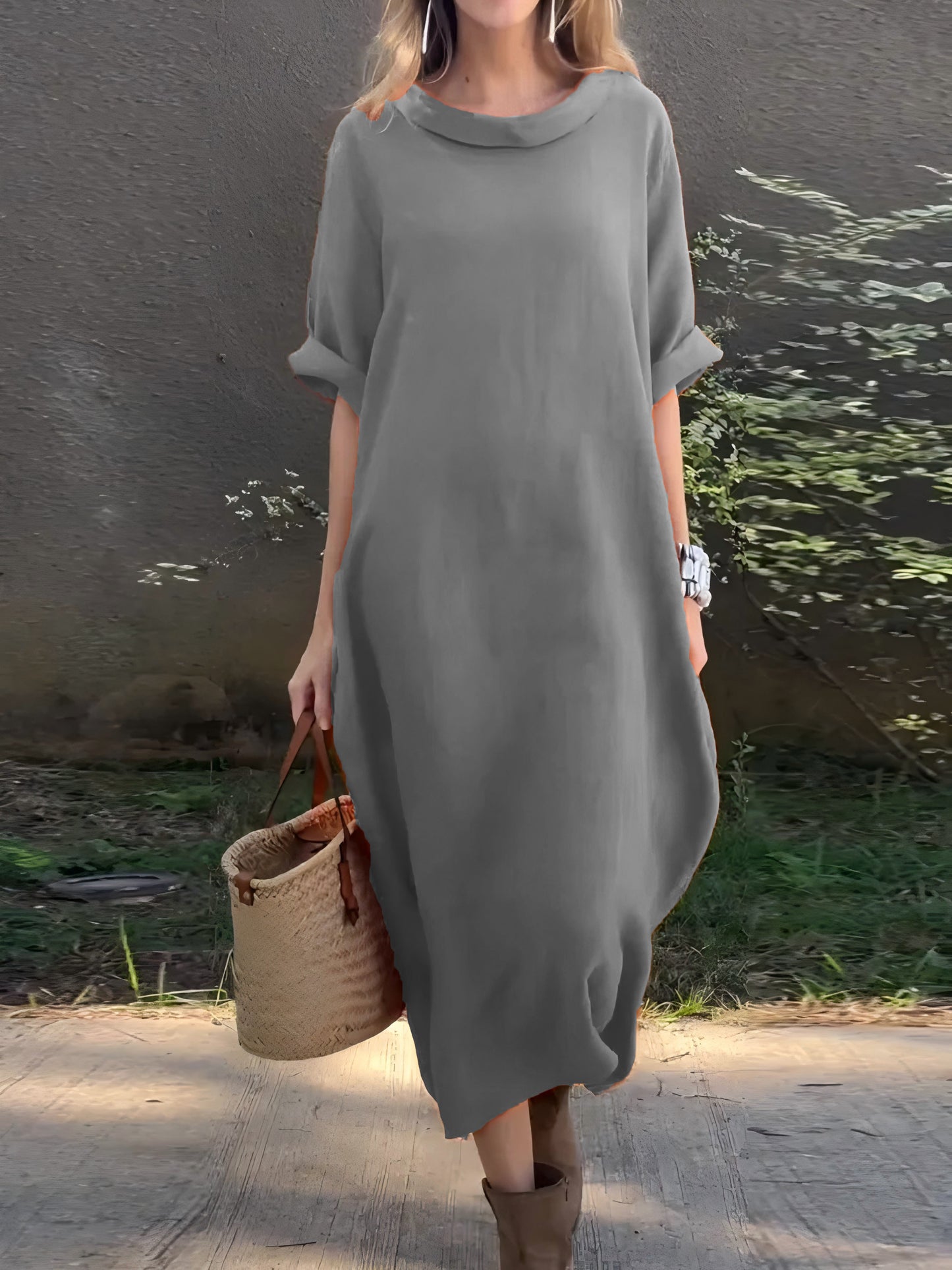 Damen Freizeitkleid aus Baumwolle und Leinen in Uni-Farben