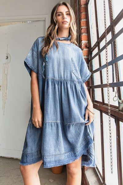 Mittoshop Washed Chambray Denim Oversized Stufen-Minikleid