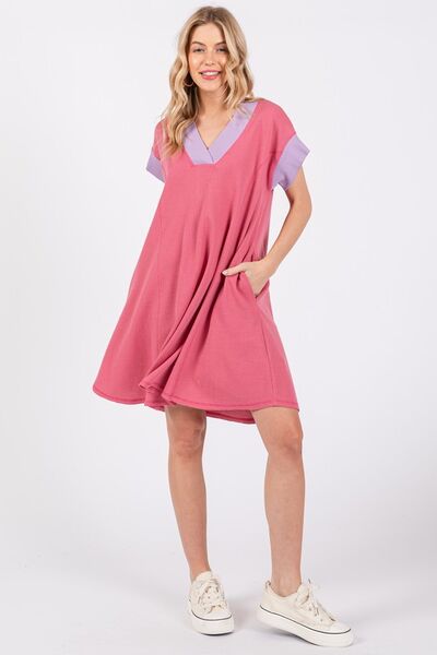Ces Femme V-Ausschnitt Kurzarmkleid mit Kontrastbesatz