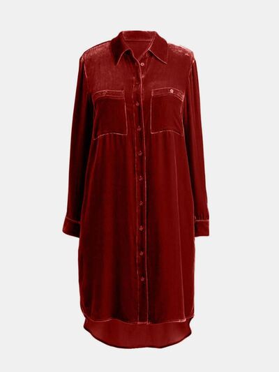 High-Low Hemd Langarm Knielanges Kleid