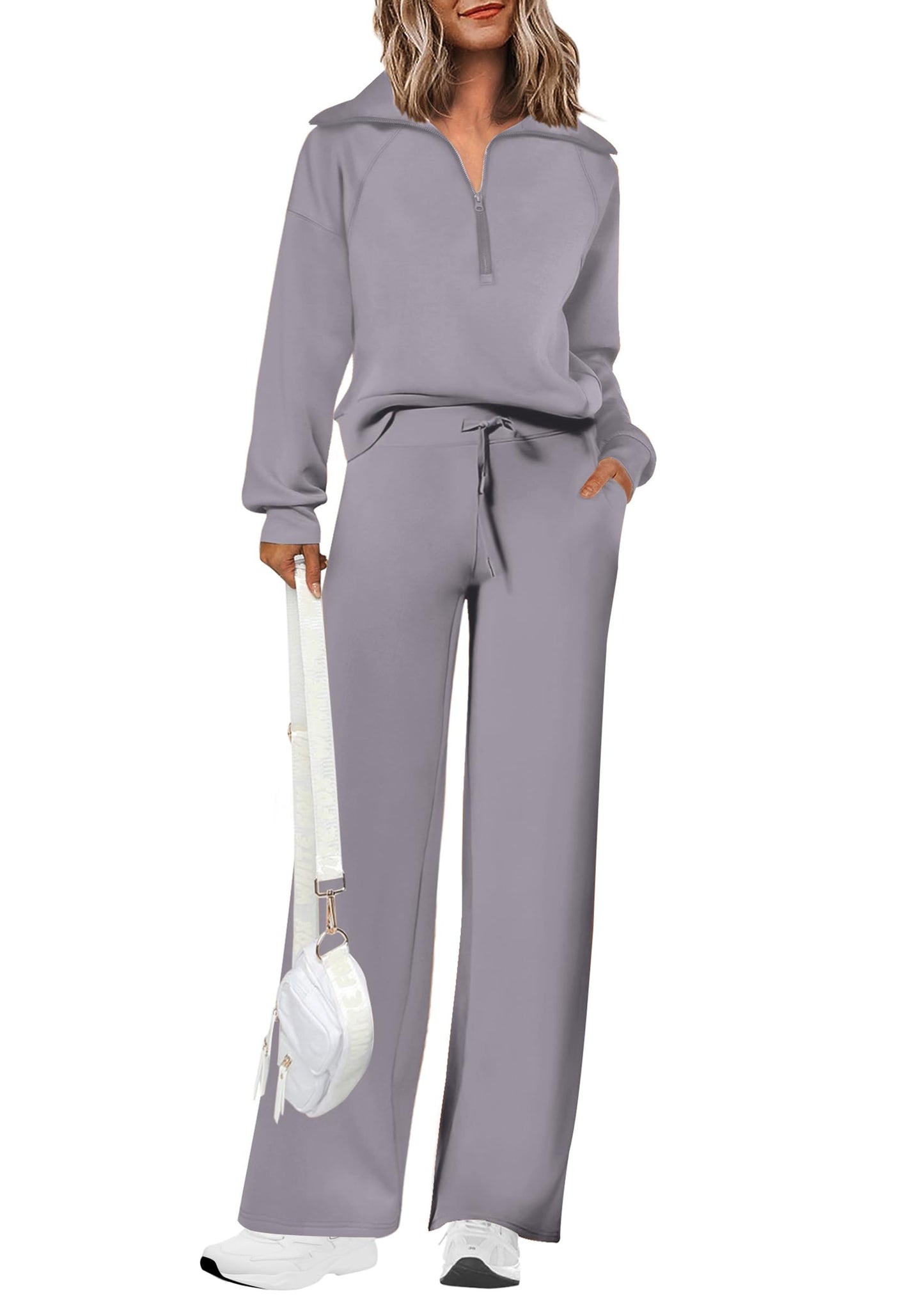 Damen Baumwoll-Zweiteiler Revers Halb-Zip Sweatshirt Weite Bein Sweathose Freizeitanzug