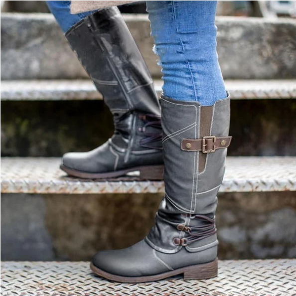 Damen-Vintage-Lederstiefel mit Reißverschluss und hohem Schaft