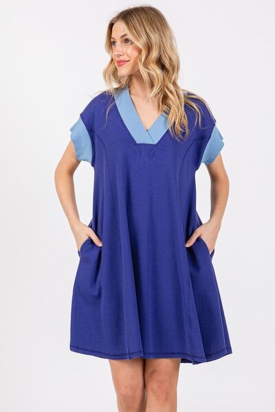 Ces Femme V-Ausschnitt Kurzarmkleid mit Kontrastbesatz