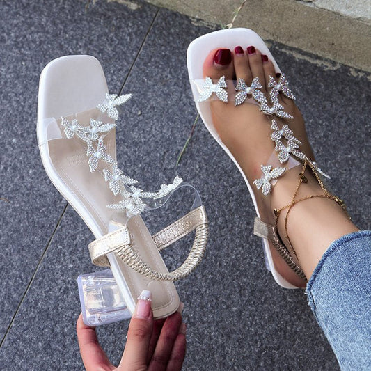 🔥Dernière promotion : 50 % de réduction – Sandales à talons carrés pour femme ornées de papillons en strass