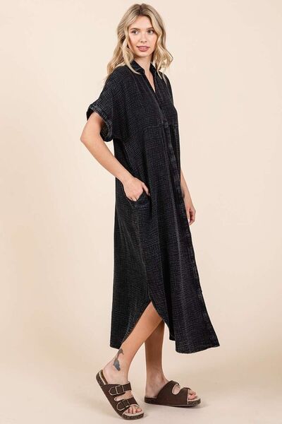 Robe chemise mi-longue boutonnée à col en V, délavage minéral Mittoshop