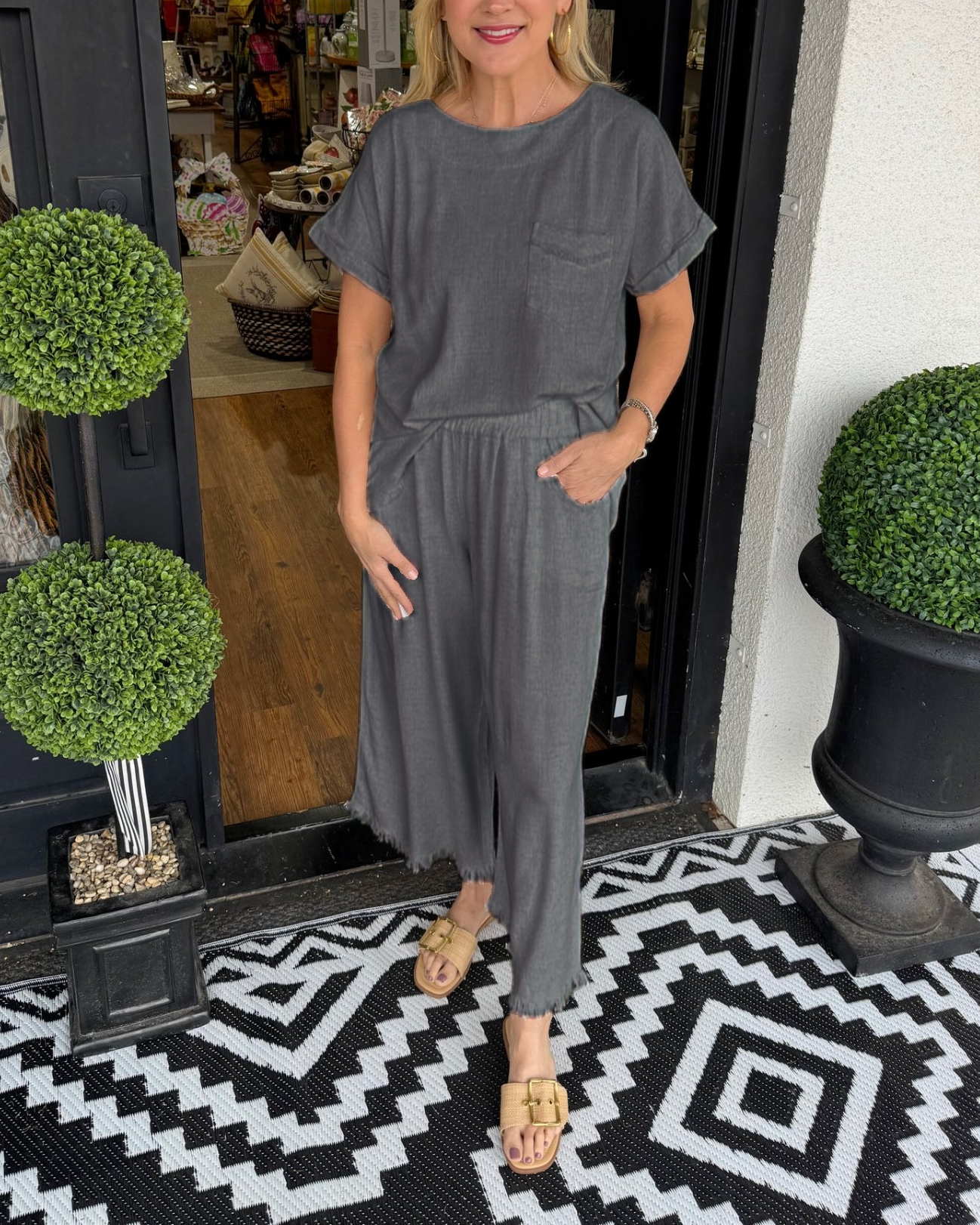Lässiges Lounge-Set für Damen aus Baumwollleinen, unifarben (2 kaufen, kostenloser Versand)