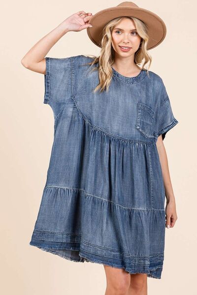Mittoshop Washed Chambray Denim Oversized Stufen-Minikleid
