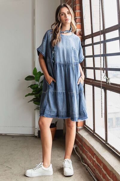 Mittoshop Washed Chambray Denim Oversized Stufen-Minikleid