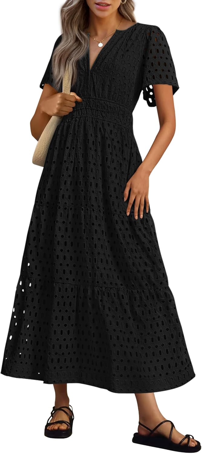 NEU 🔥Damen 2025 Sommer Maxikleid Kurzarm V-Ausschnitt Aushöhlung Ösen A-Linien-Kleider