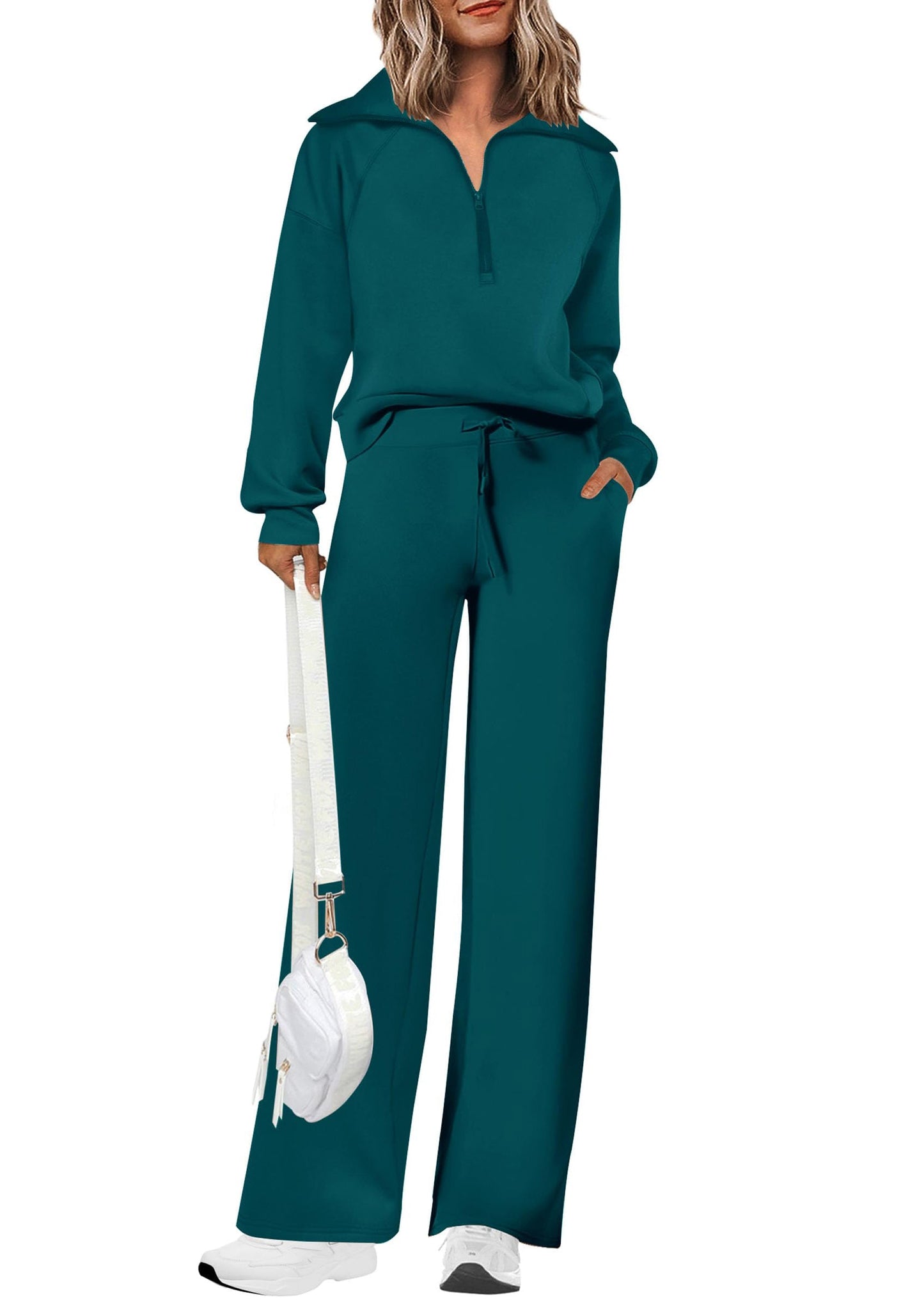 Damen Baumwoll-Zweiteiler Revers Halb-Zip Sweatshirt Weite Bein Sweathose Freizeitanzug