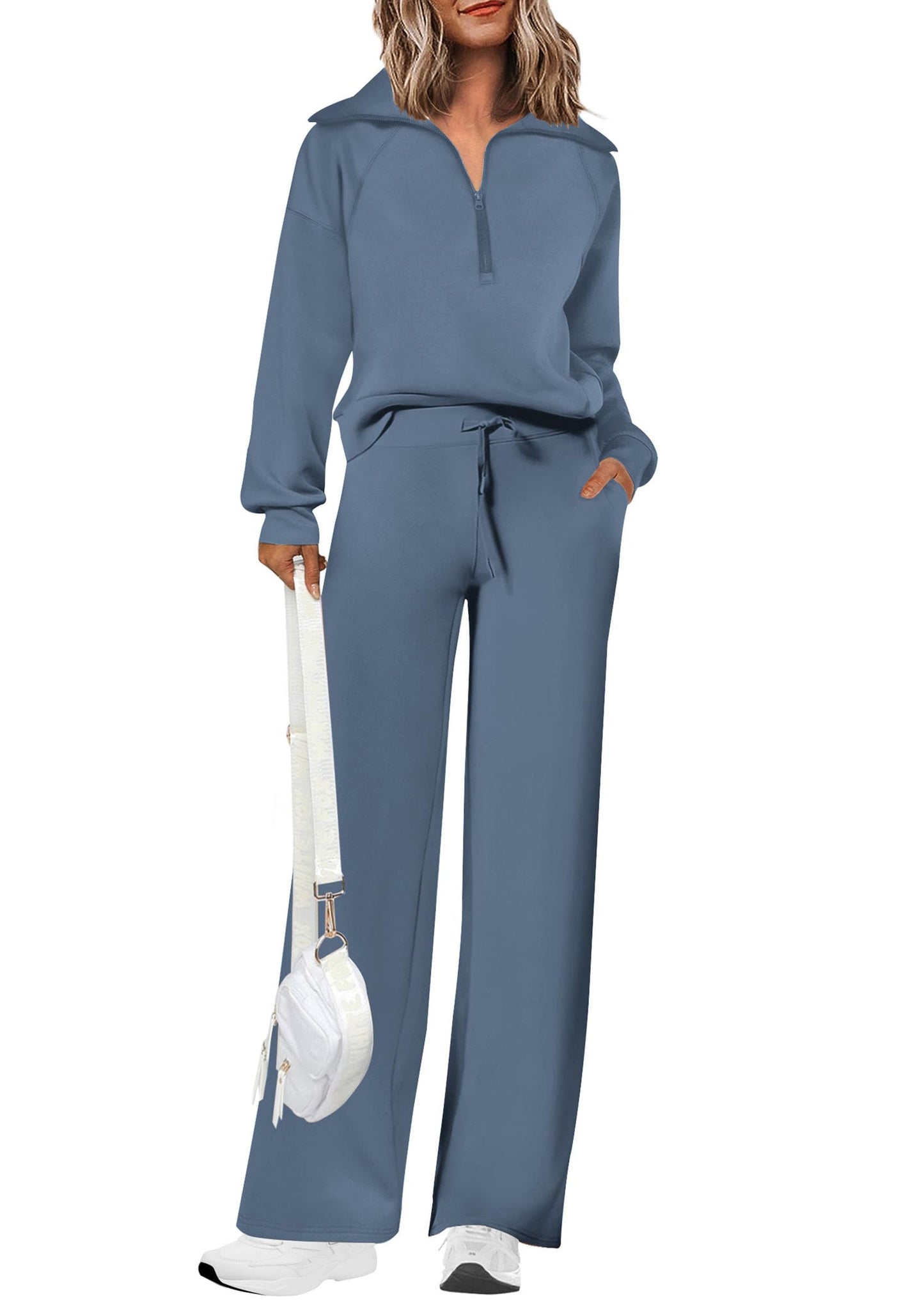 Damen Baumwoll-Zweiteiler Revers Halb-Zip Sweatshirt Weite Bein Sweathose Freizeitanzug