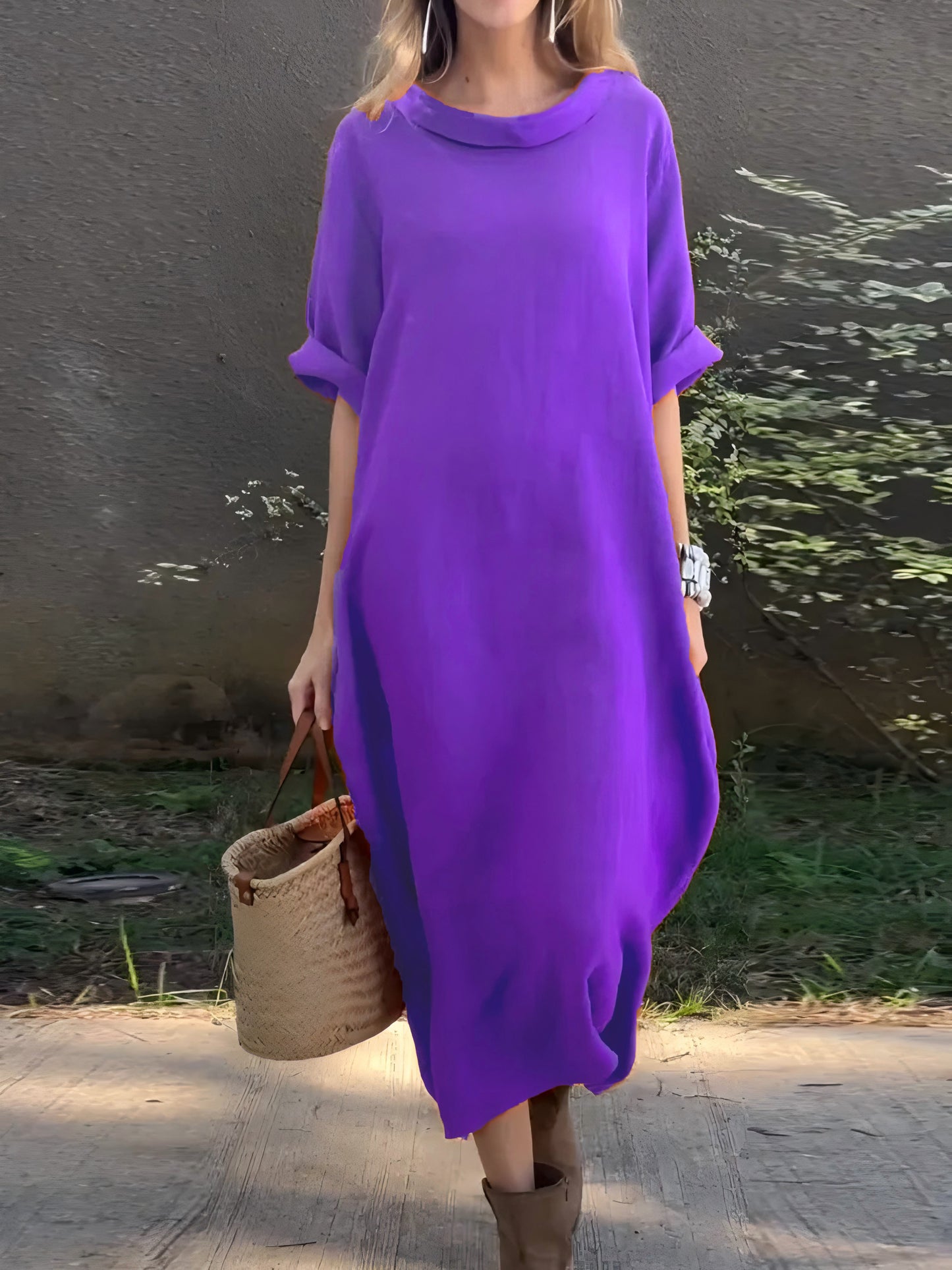 Damen Freizeitkleid aus Baumwolle und Leinen in Uni-Farben