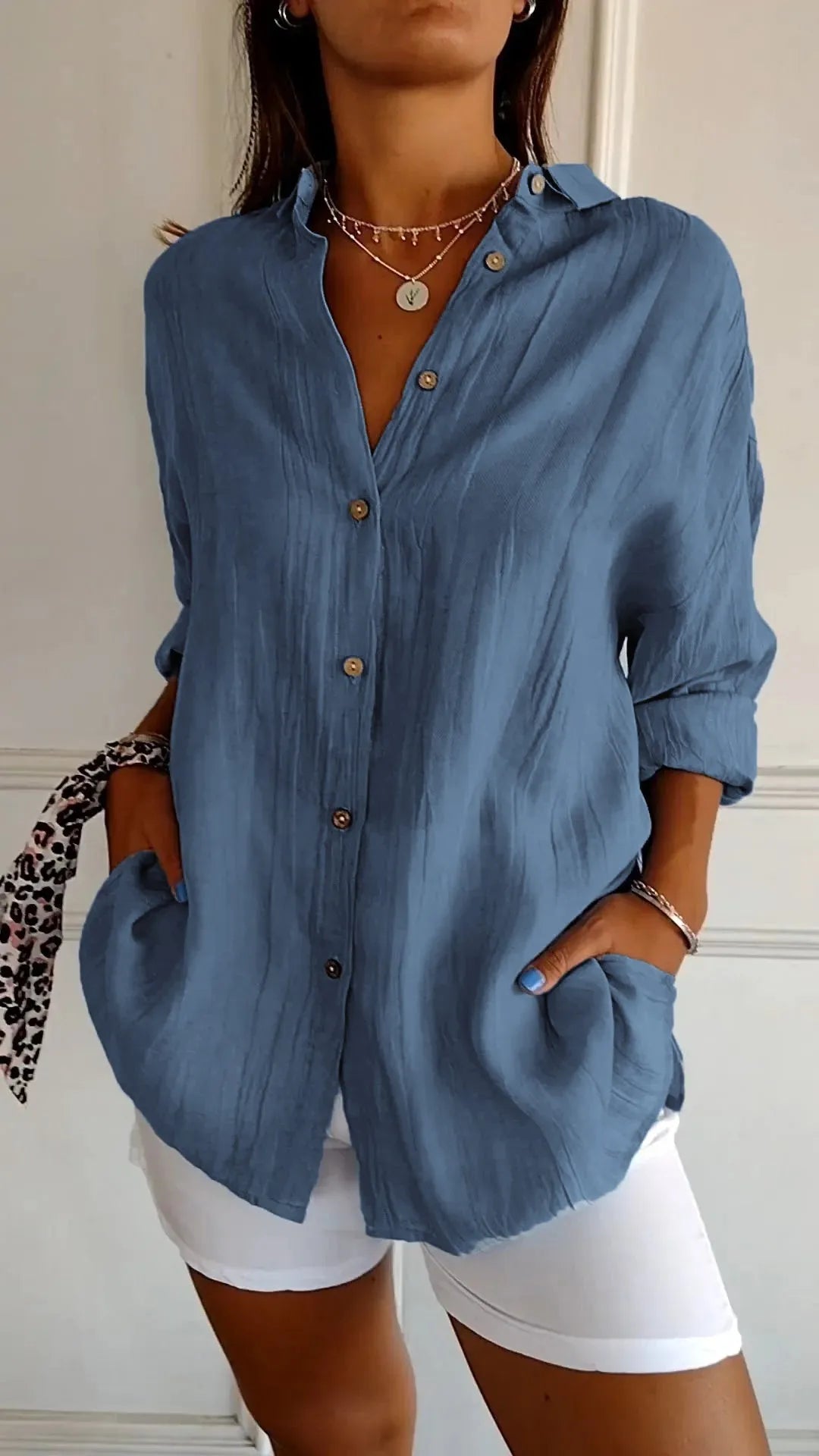 🌷Chemise classique plissée texturée à revers et simple boutonnage pour femme