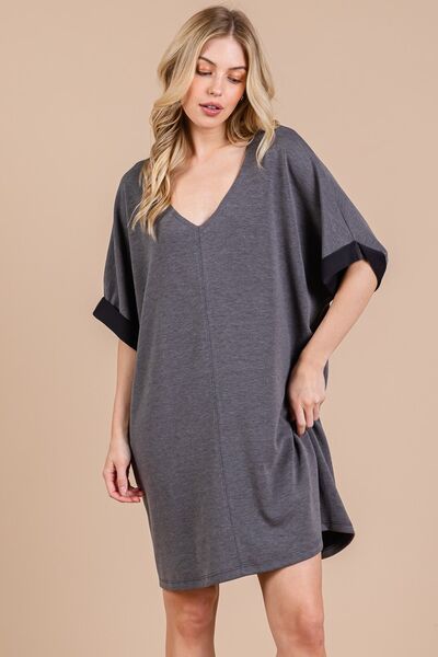 Ces Femme V-Ausschnitt Halbarmkleid