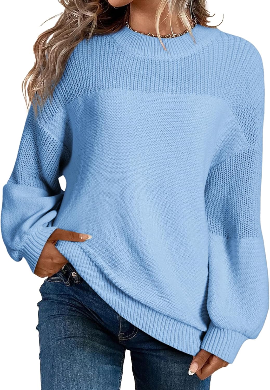 Damen Lässiger Langarm-Pullover mit Rundhalsausschnitt und festen Farben