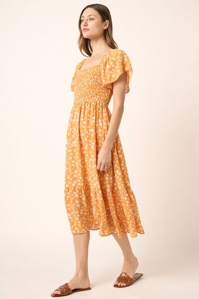Robe midi smockée à manches papillon et imprimé floral Mittoshop