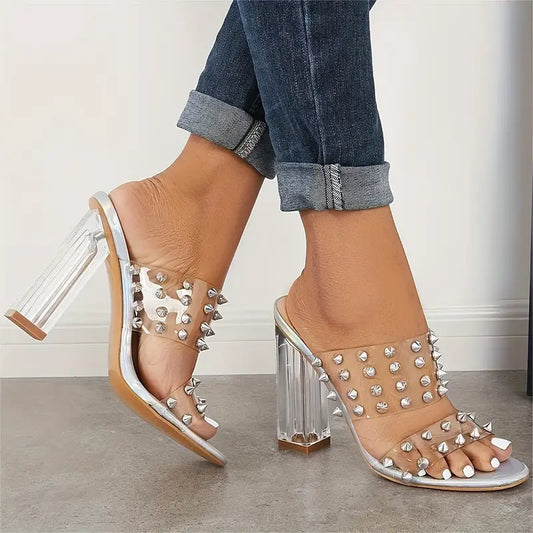 🔥Dernière promotion : 50 % de réduction - Sandales à talons carrés épais transparents pour femmes, à double bride cloutée