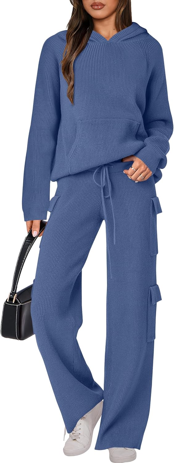 🎄Weihnachts-SALE 🔥 Zweiteilige Outfits für Damen Lässiger Kapuzenpullover Strick Gerades Bein Hosen-Set
