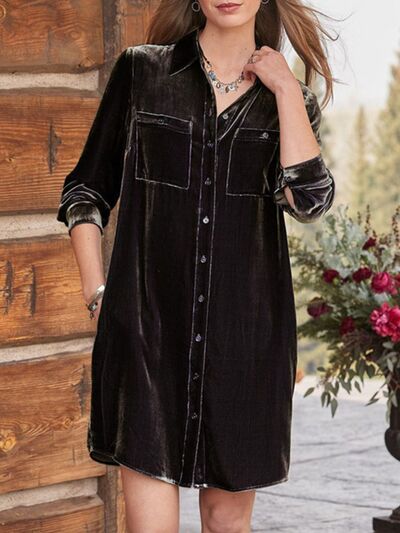 High-Low Hemd Langarm Knielanges Kleid
