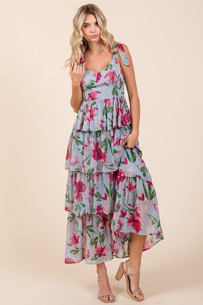 Mittoshop Layered Floral Sweetheart Neck Maxikleid