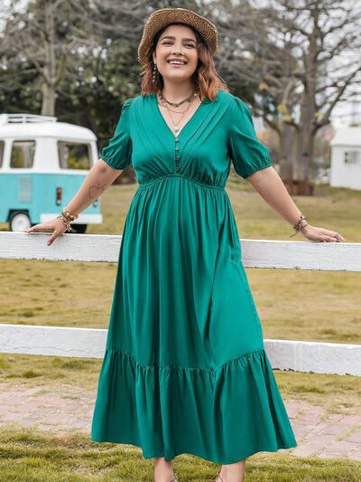 Große Größen V-Ausschnitt Kurzarm Rüschensaum Kleid