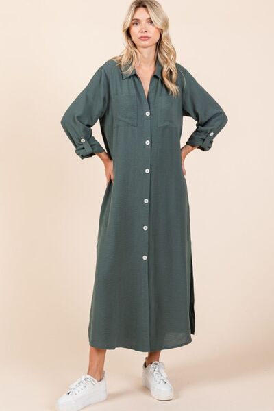 Mittoshop Airflow V-Ausschnitt Langarm durchgeknöpftes Maxikleid