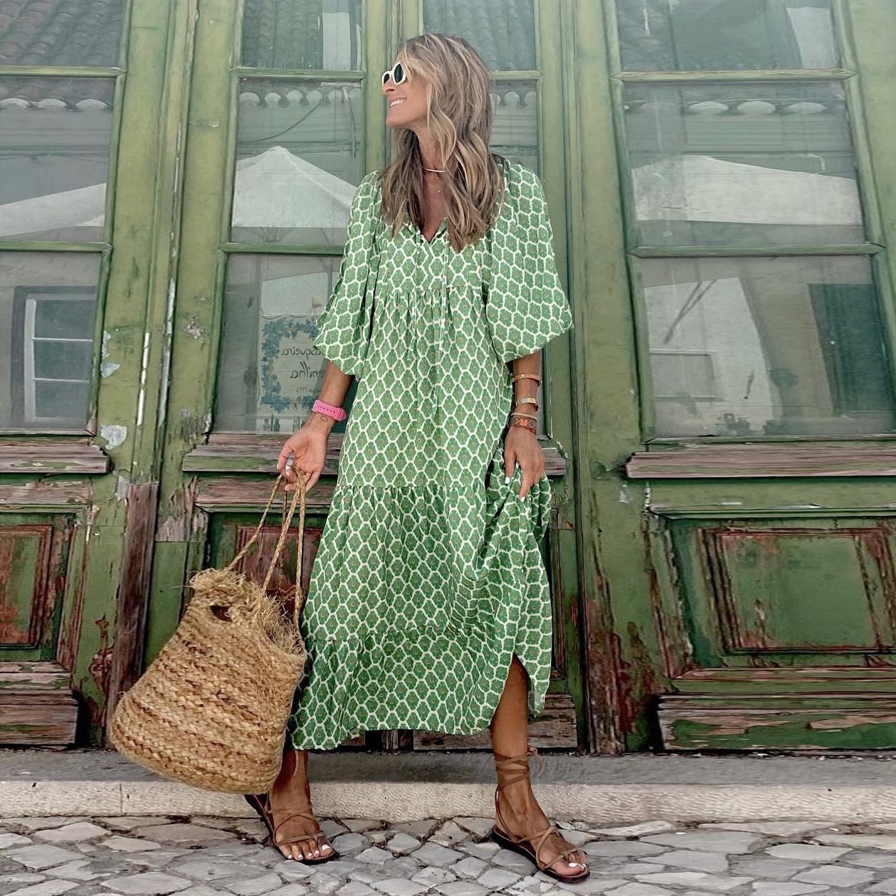 Puffy Sleeve Floral Pattern Elegant Boho Dress