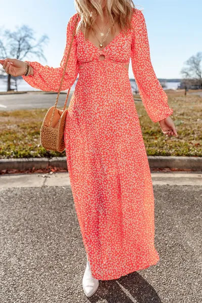 Robe midi imprimée à manches longues et col en V