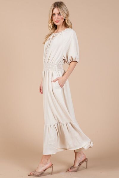 Ces Femme Gesmoktes Kleid mit elastischem Bund, Bindekragen und Puffärmeln