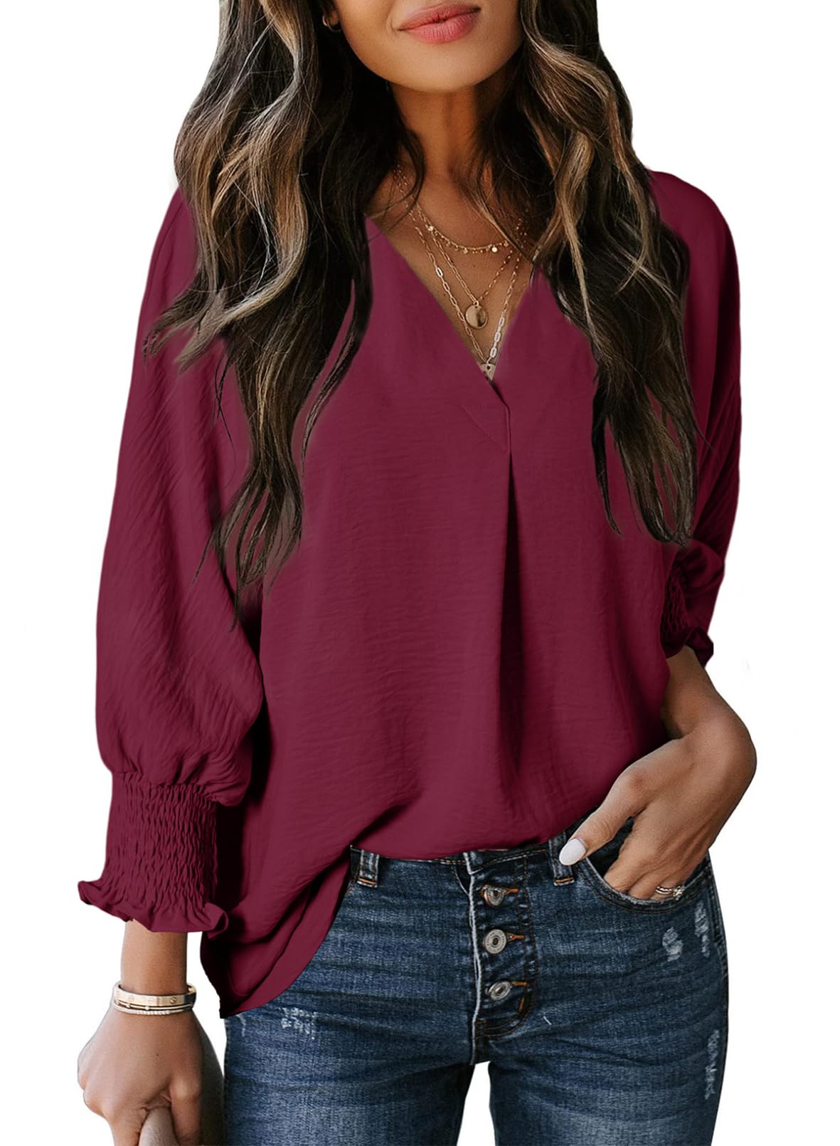 Damen Freizeit 3/4 Ärmel V-Ausschnitt Basic-Oberteile (2 kaufen, kostenloser Versand)
