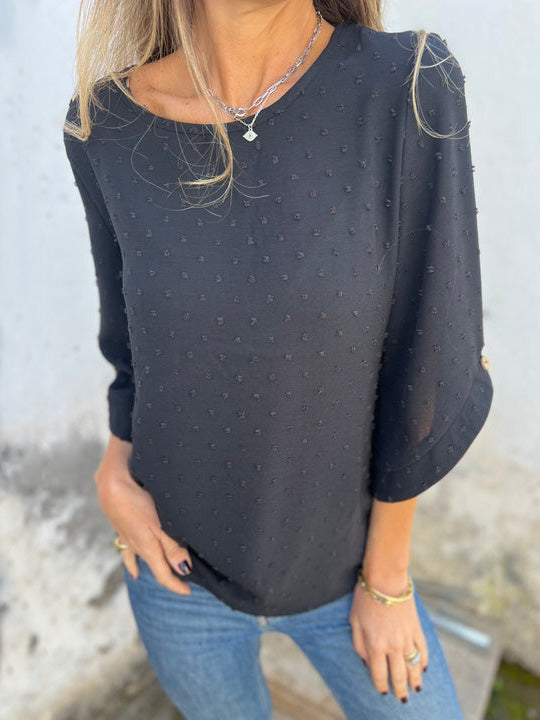RÄUMUNGSVERKAUF🔥 Freizeit-Shirt mit Rundhalsausschnitt, Stickerei und großen Manschetten