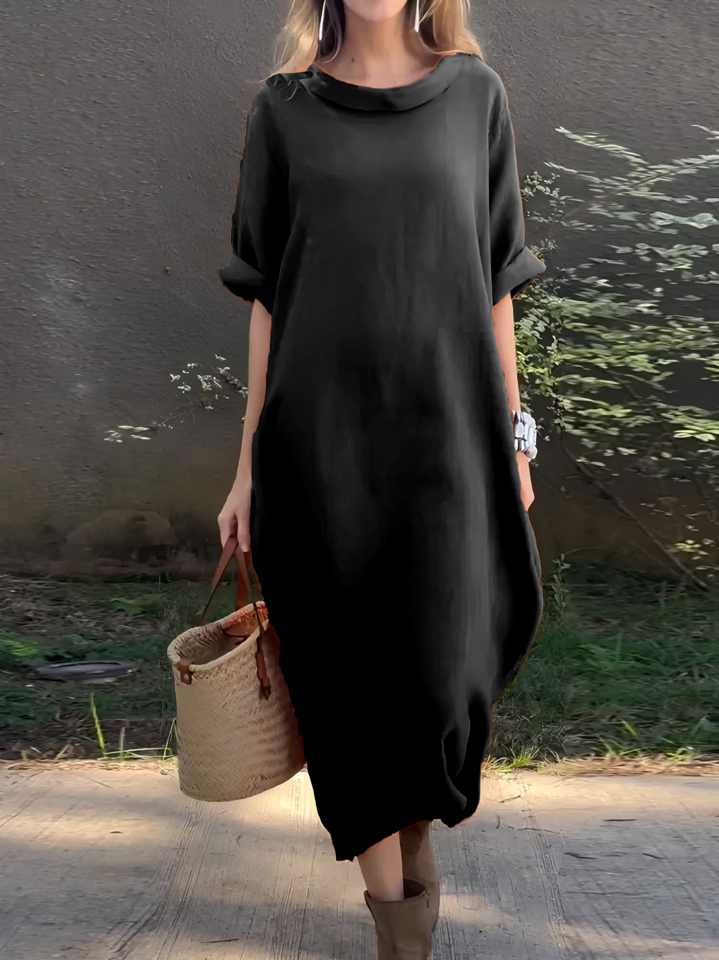 Damen Freizeitkleid aus Baumwolle und Leinen in Uni-Farben