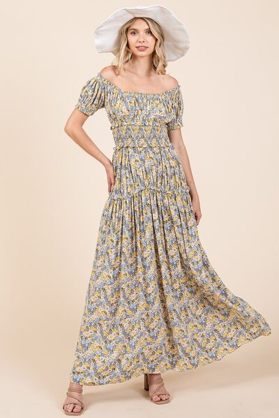 Mittoshop Maxikleid mit Blumenmuster, Puffärmeln und Raffungen
