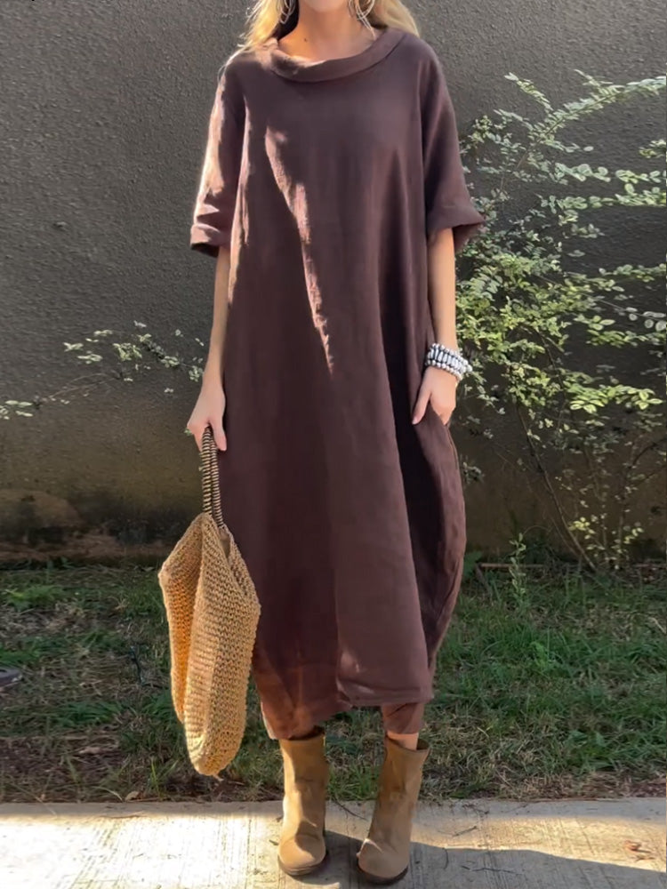 Damen Freizeitkleid aus Baumwolle und Leinen in Uni-Farben