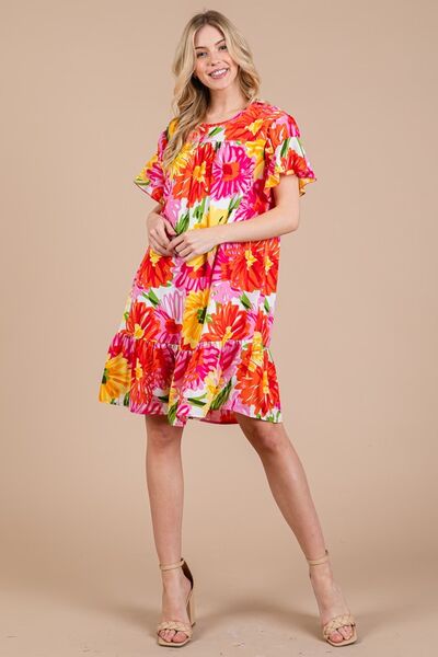 Robe courte fleurie à volants et manches courtes pour femme