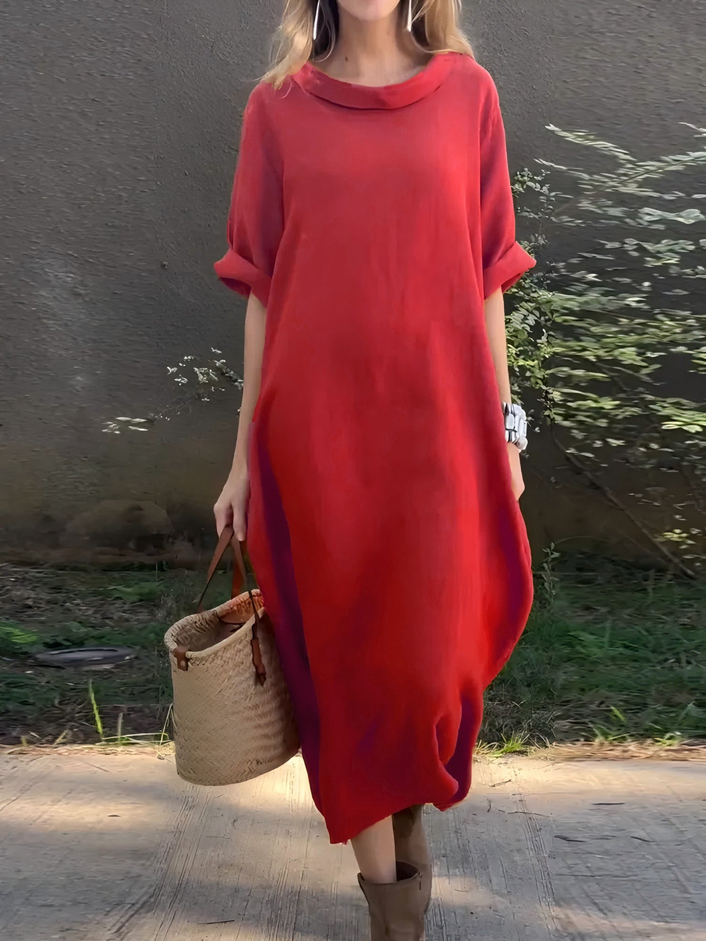 Damen Freizeitkleid aus Baumwolle und Leinen in Uni-Farben