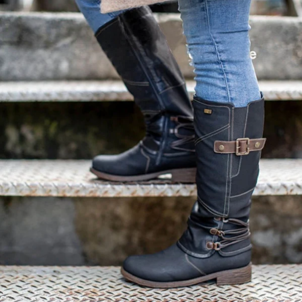 Damen-Vintage-Lederstiefel mit Reißverschluss und hohem Schaft