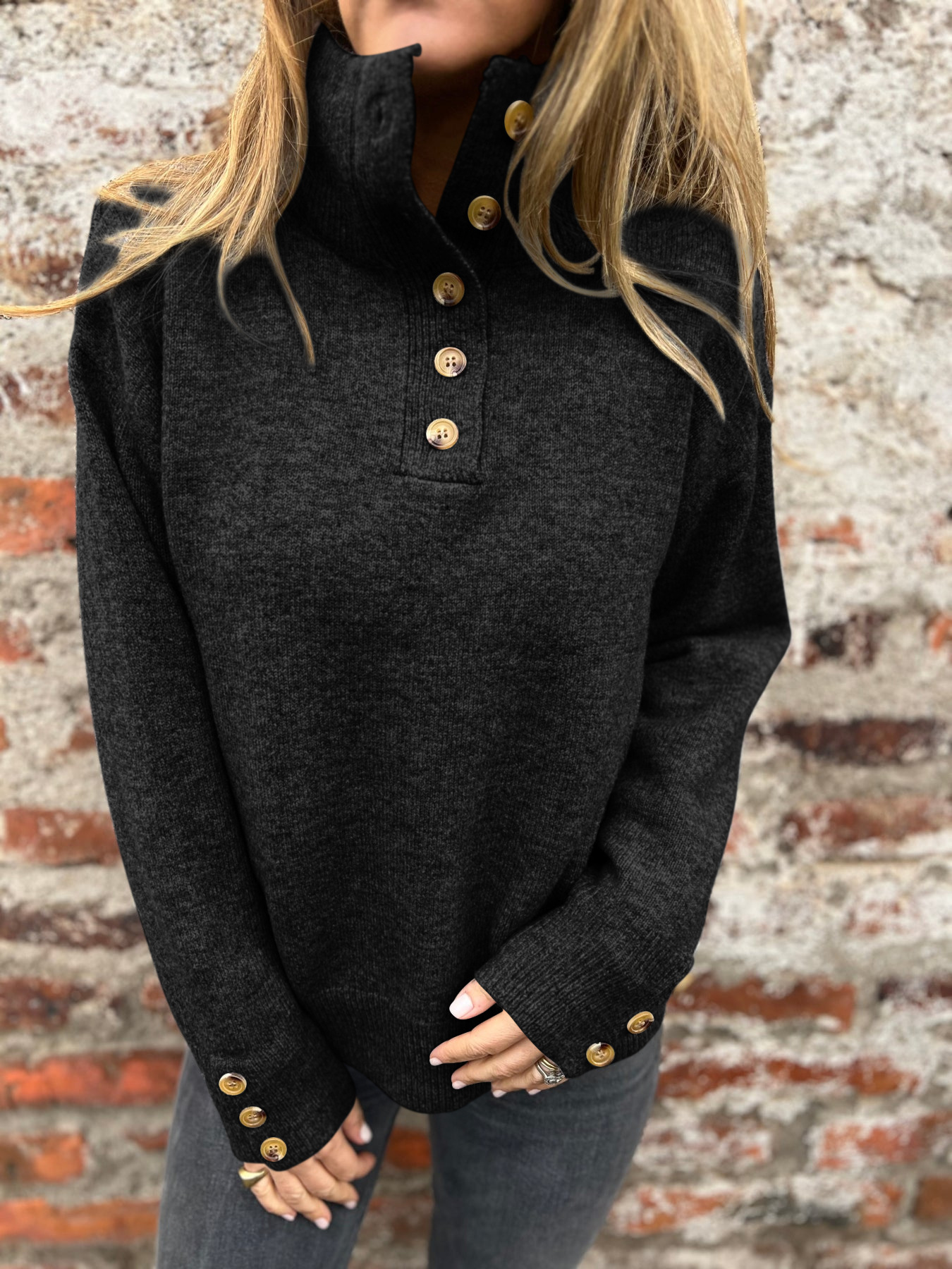 SOLDES D'HIVER 2025 🔥 Sweat-shirt femme col montant à boutons fantaisie